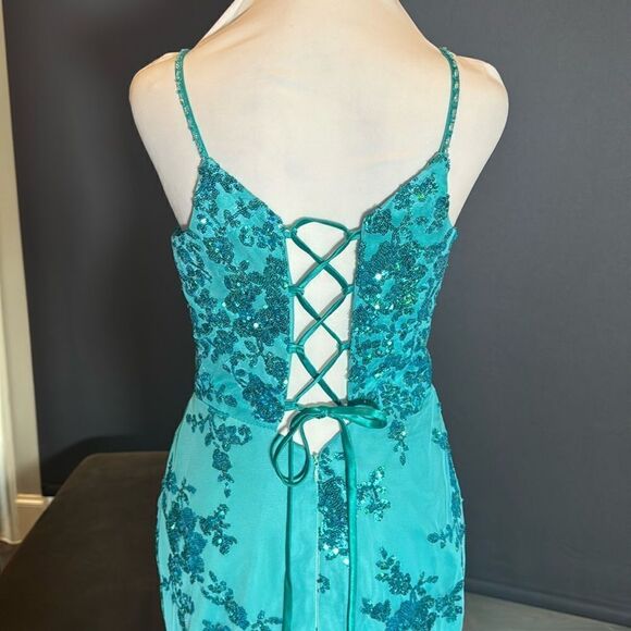 Women’s Blue Mermaid Fit Prom Party Dress Sparkly Sequins Leg Slit Size 2 NEW - Picture 5 of 11